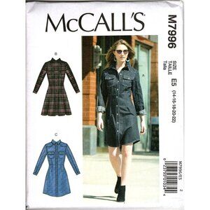 McCalls M7996 Misses 14 to 22 Button Front Shirt Dress Uncut Sewing Pattern
